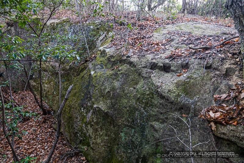 鬢櫛山の岩盤に残る矢穴列痕。