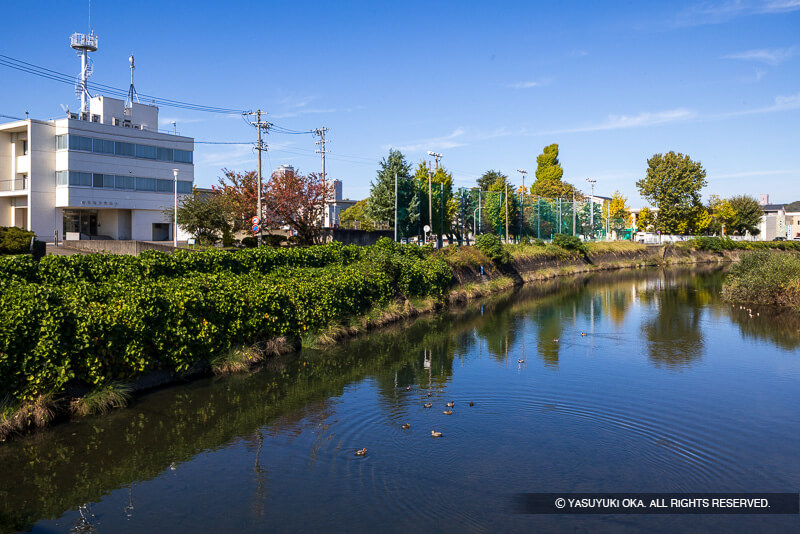 荒田川から加納城二の丸御三階櫓跡を望む