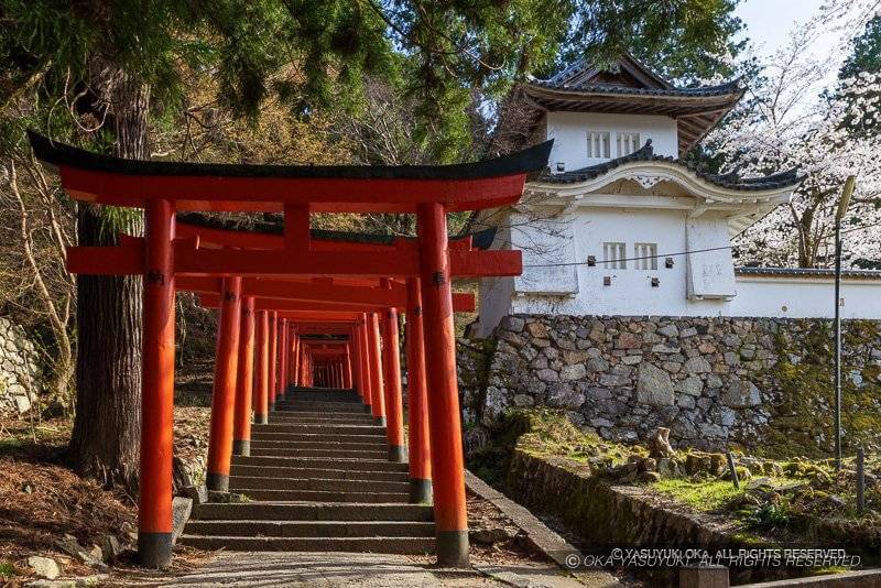有子山稲荷神社の鳥居と出石城本丸東隅櫓
